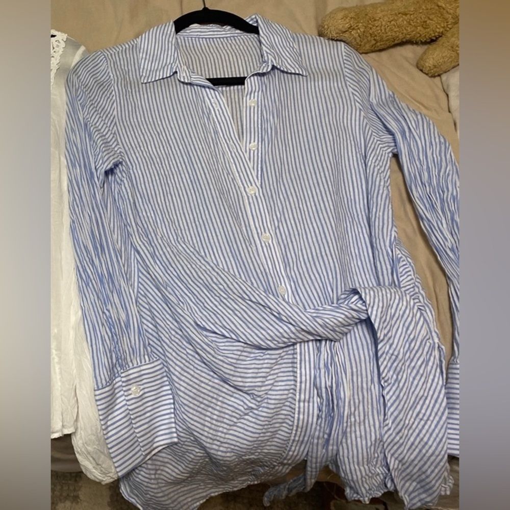 Forever 21 Blue White Striped Blouse Button Down Shirt with Tie Women's Sz XS